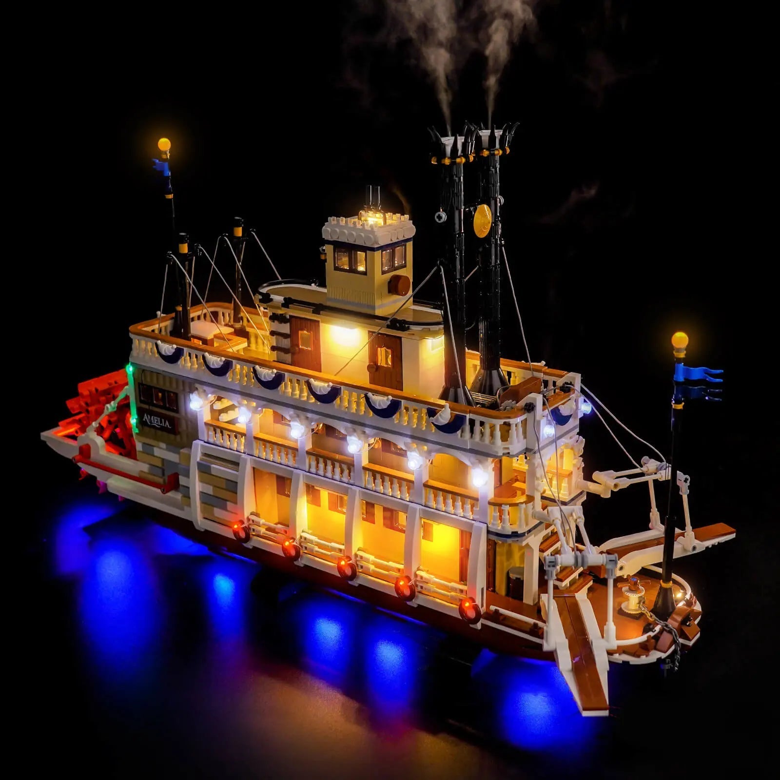 installed and glowing: Bright My Bricks LED light kit for LEGO® Ideas River Steamboat #21356