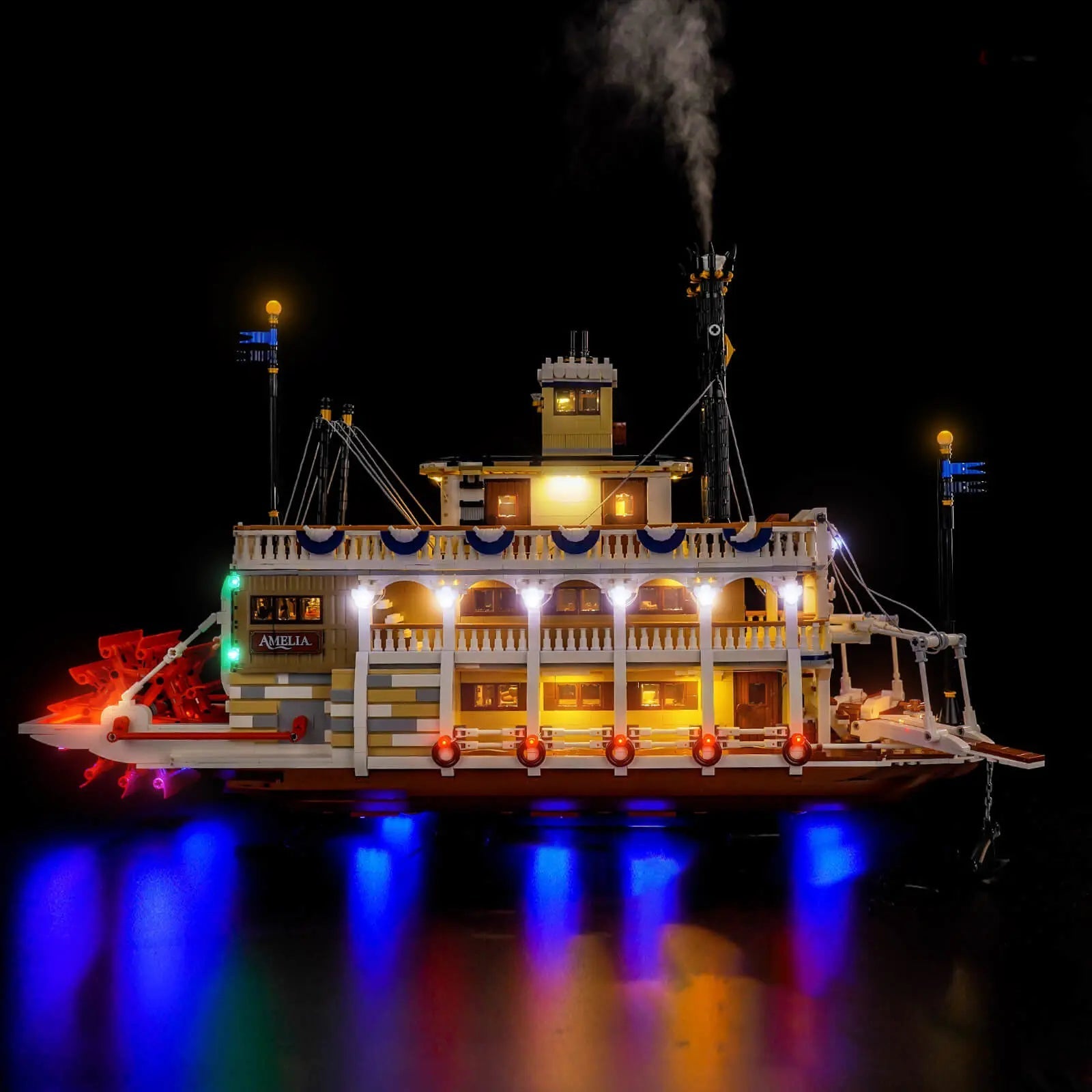 LEGO® Ideas River Steamboat #21356 front view fully lit, with the LED lights