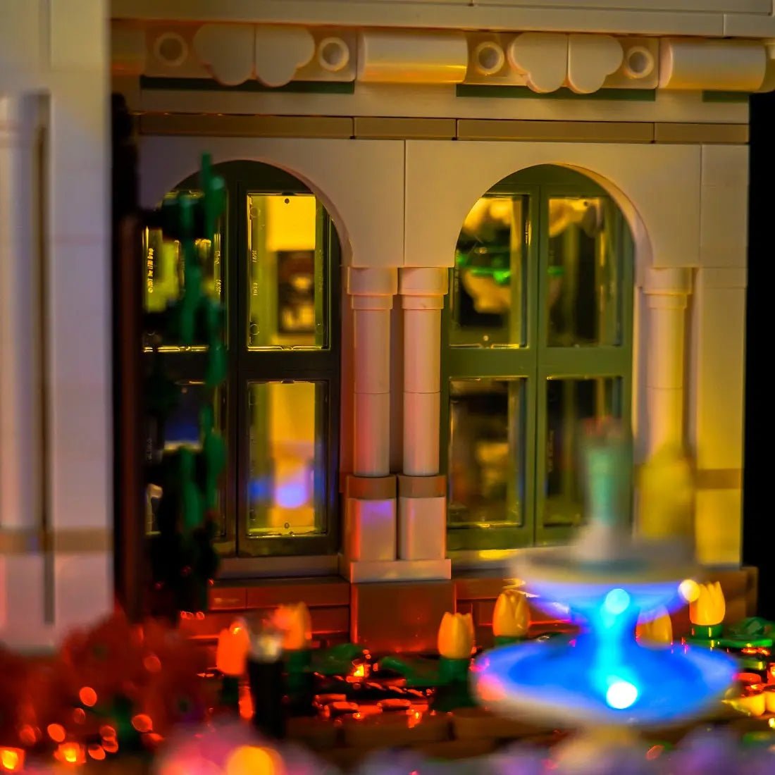 LEGO® Ideas The Botanical Garden #21353 lighting effect on the build, with the light kit
