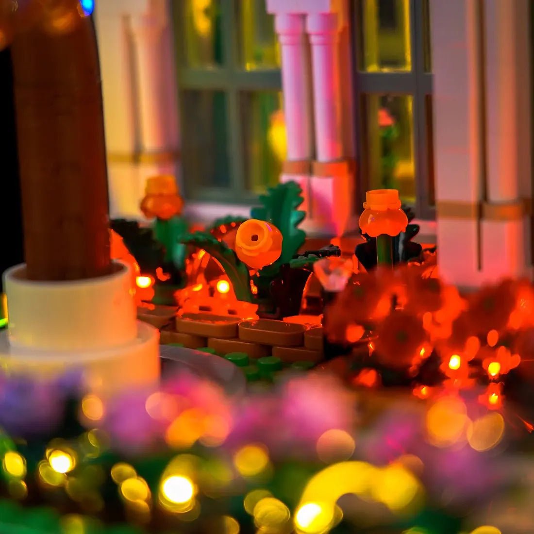 LEGO® Ideas The Botanical Garden #21353 installed and glowing, with the light kit