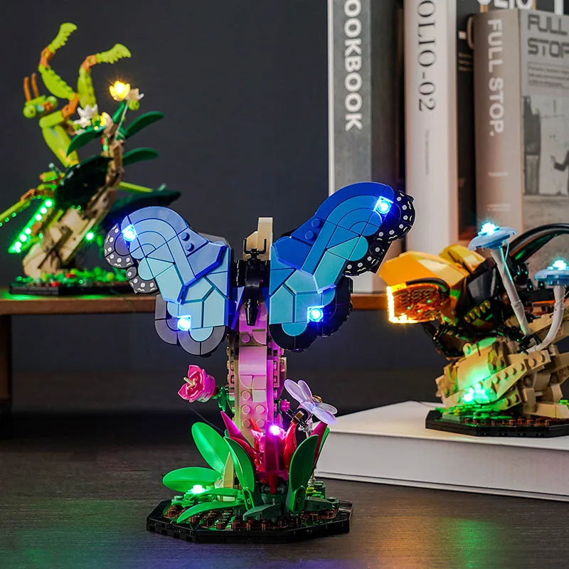 LEGO® Ideas The Insect Collection #21342 showcase lighting view, with the LED light kit