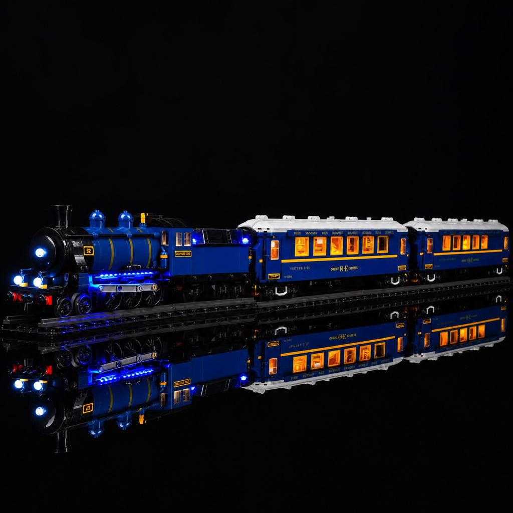 installed and glowing: Bright My Bricks LED light kit for LEGO® Ideas The Orient Express Train #21344