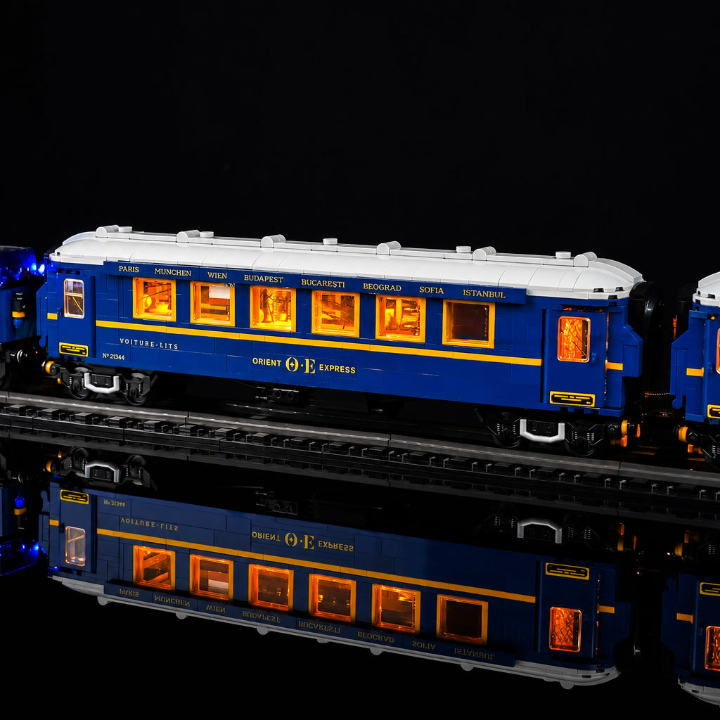 LEGO® Ideas The Orient Express Train #21344 night-mode display glow, with the DIY LED light kit