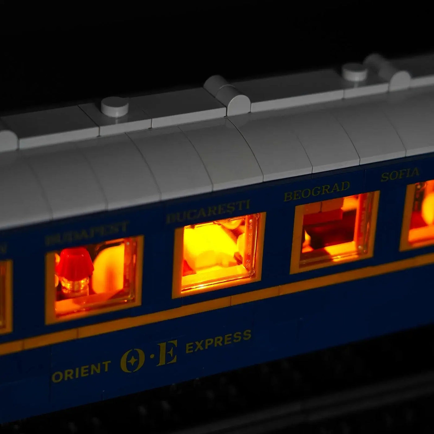Bright My Bricks RGB LED light kit for LEGO® Ideas The Orient Express Train #21344 — display lighting in a dark room