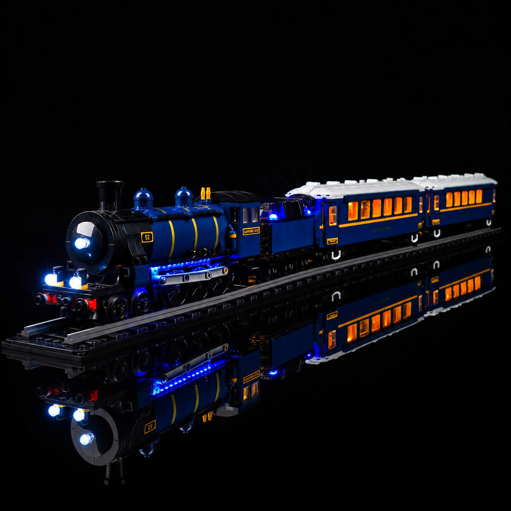 LEGO® Ideas The Orient Express Train #21344 warm LED glow detail, with the DIY LED light kit