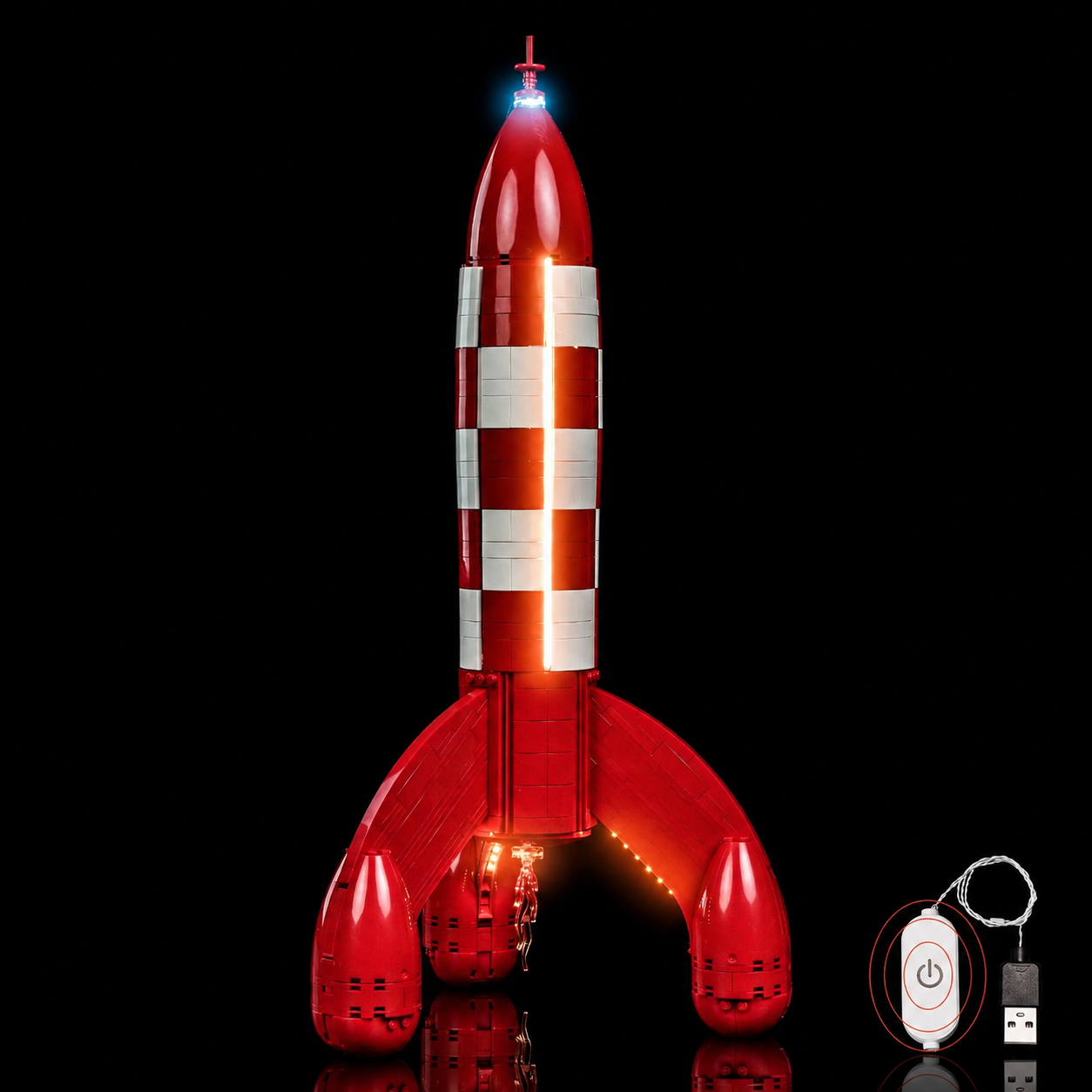 LEGO® Ideas Tintin Moon Rocket #21367 fully illuminated on display, with the LED light kit