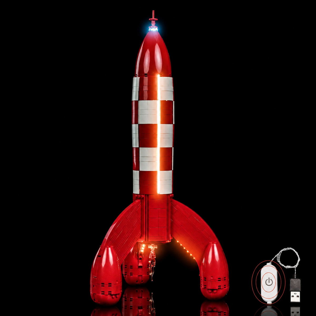 LEGO® Ideas Tintin Moon Rocket #21367 fully illuminated on display, with the LED light kit