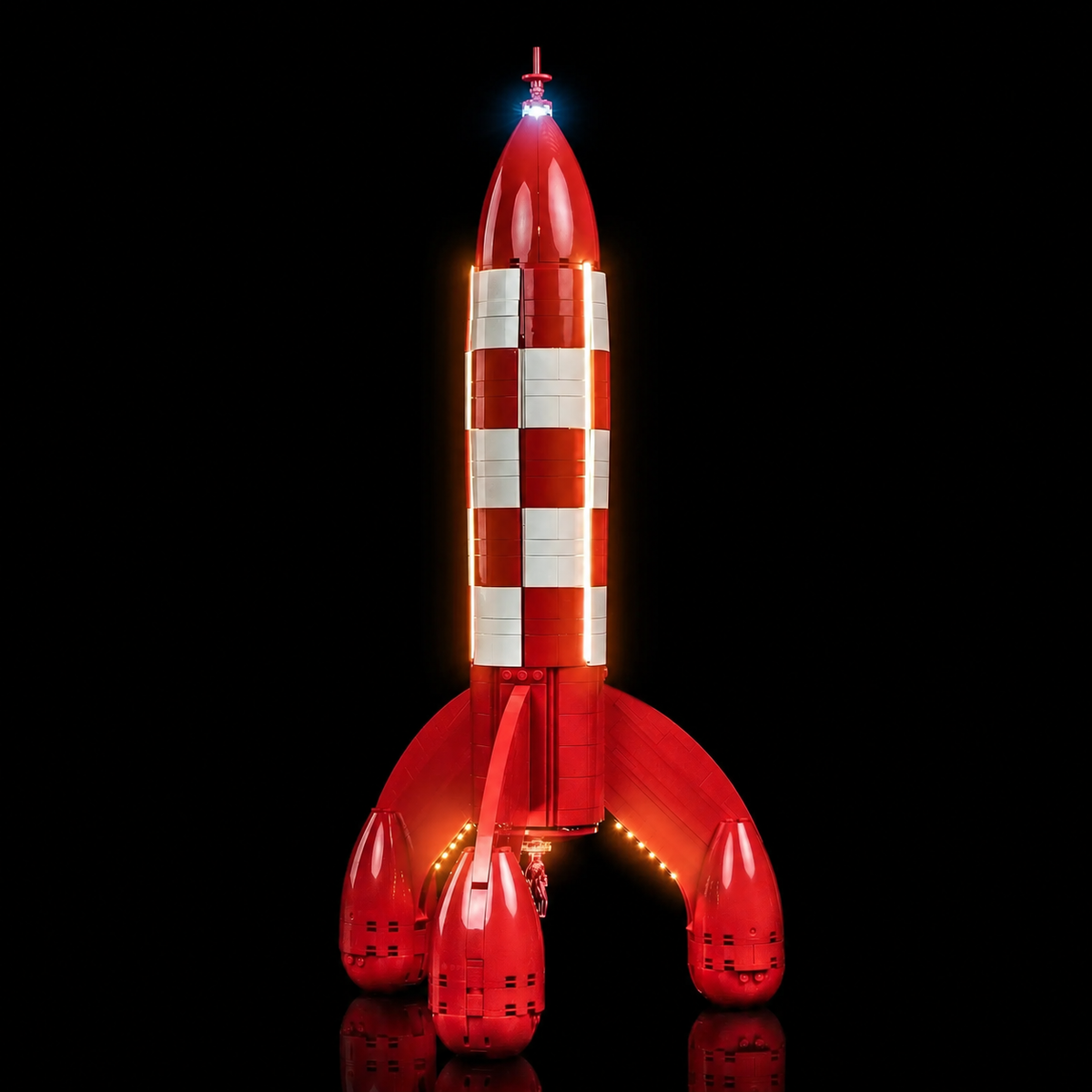 LEGO® Ideas Tintin Moon Rocket #21367 showcase lighting view, with the LED lights
