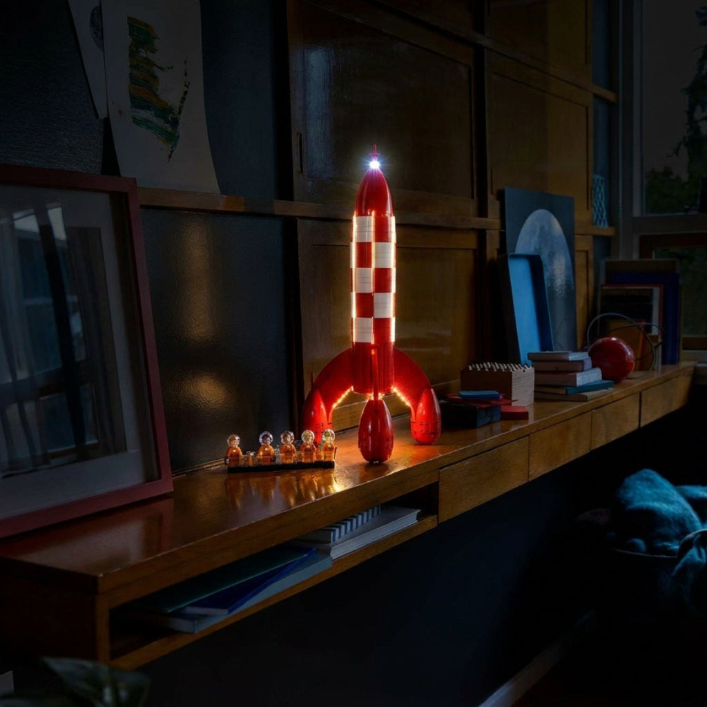 LEGO® Ideas Tintin Moon Rocket #21367 — display lighting in a dark room (LED lights)