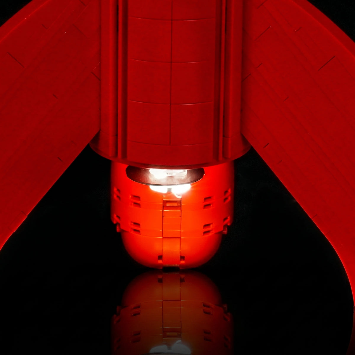 LED lighting kit for LEGO® Ideas Tintin Moon Rocket #21367, fully illuminated on display