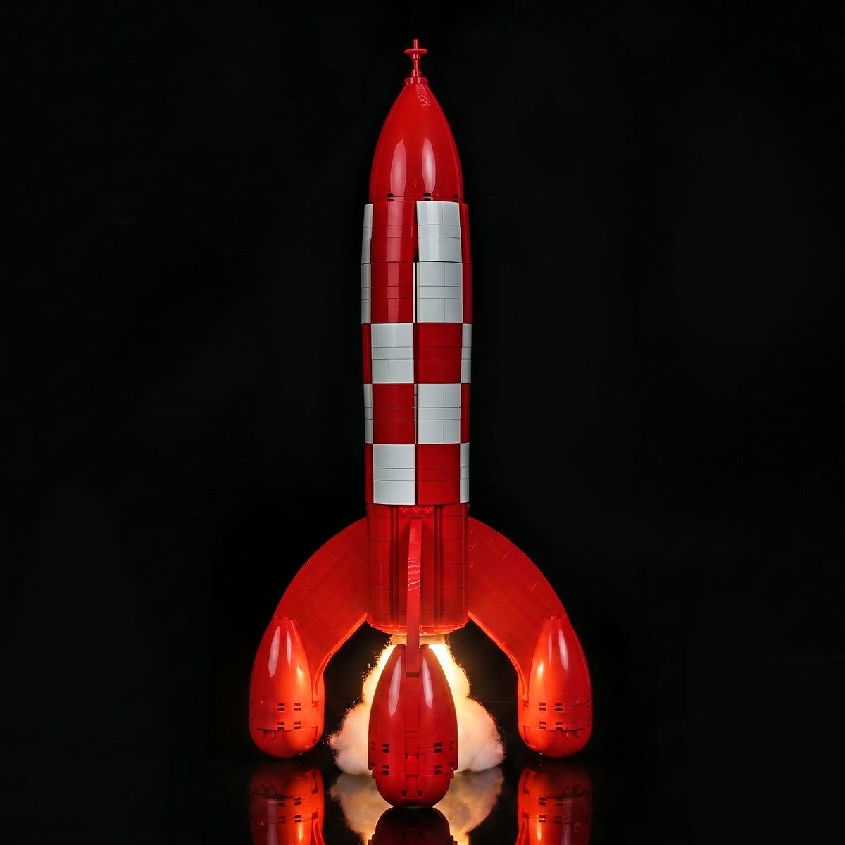 LEGO® Ideas Tintin Moon Rocket #21367 display lighting in a dark room, with the premium LED light kit