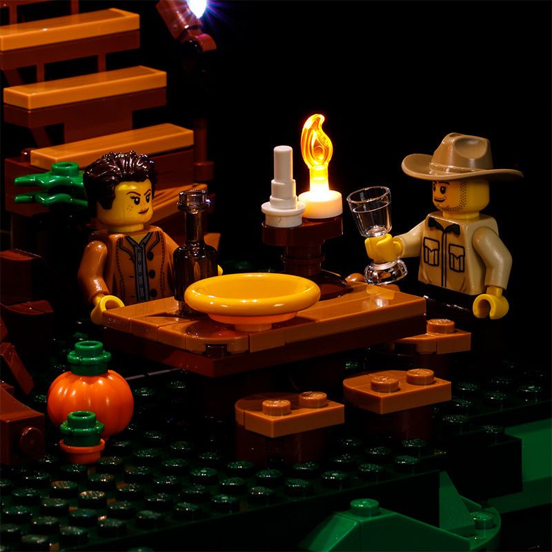 LEGO® Ideas Tree House #21318 night-mode display glow, with the DIY LED light kit