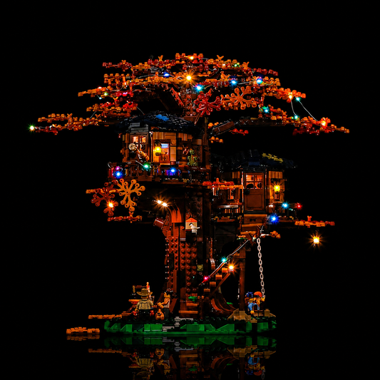 Bright My Bricks USB-powered LED light kit for LEGO® Ideas Tree House #21318 — front view fully lit