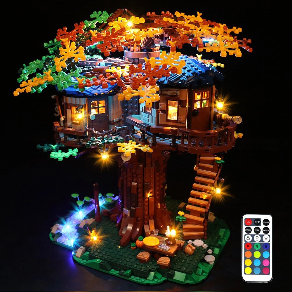 LEGO Ideas Tree House #21318 illuminated at night