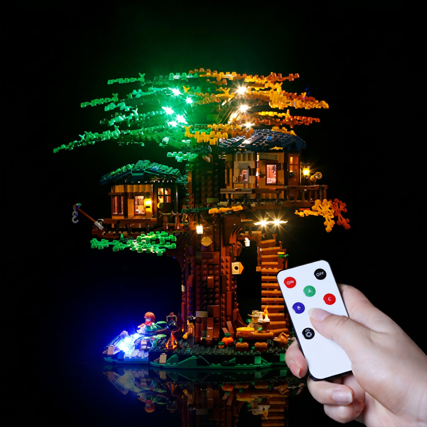 LED lighting kit for LEGO® Ideas Tree House #21318, installed and glowing