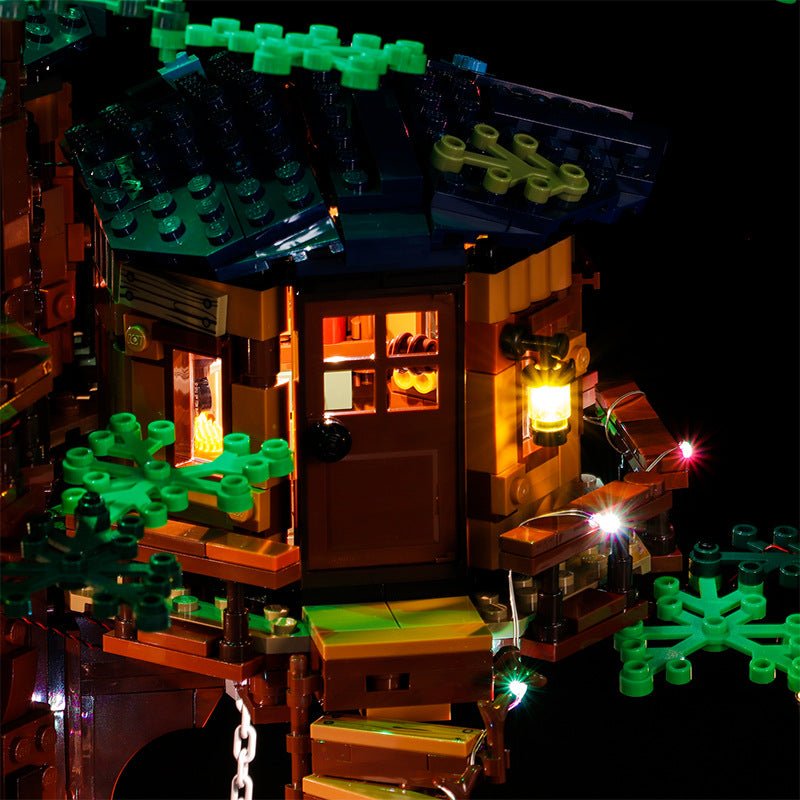 LEGO® Ideas Tree House #21318 brightened interior detail, with the LED light kit