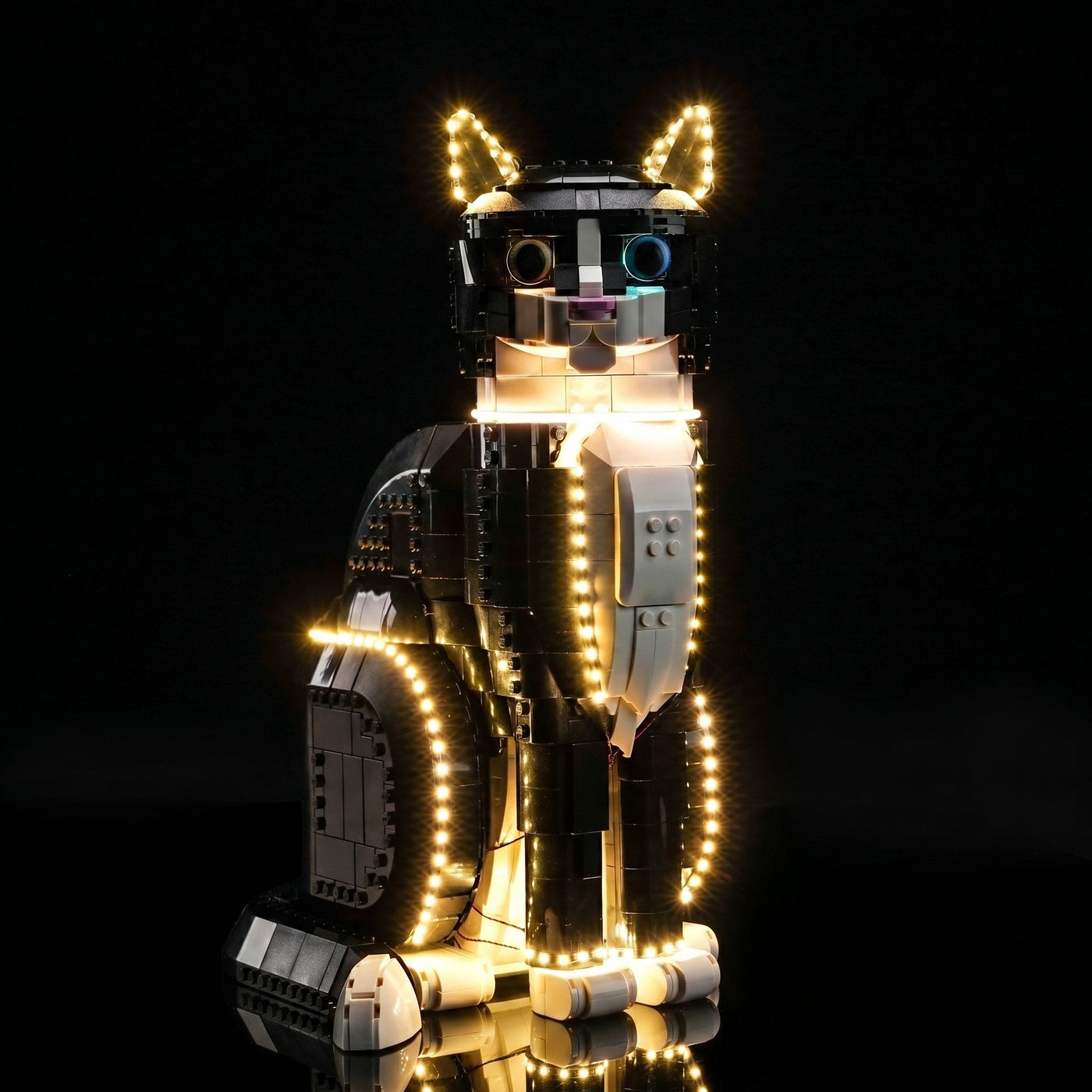 LEGO® Ideas Tuxedo Cat #21349 close-up of the LED lighting detail, with the DIY LED light kit