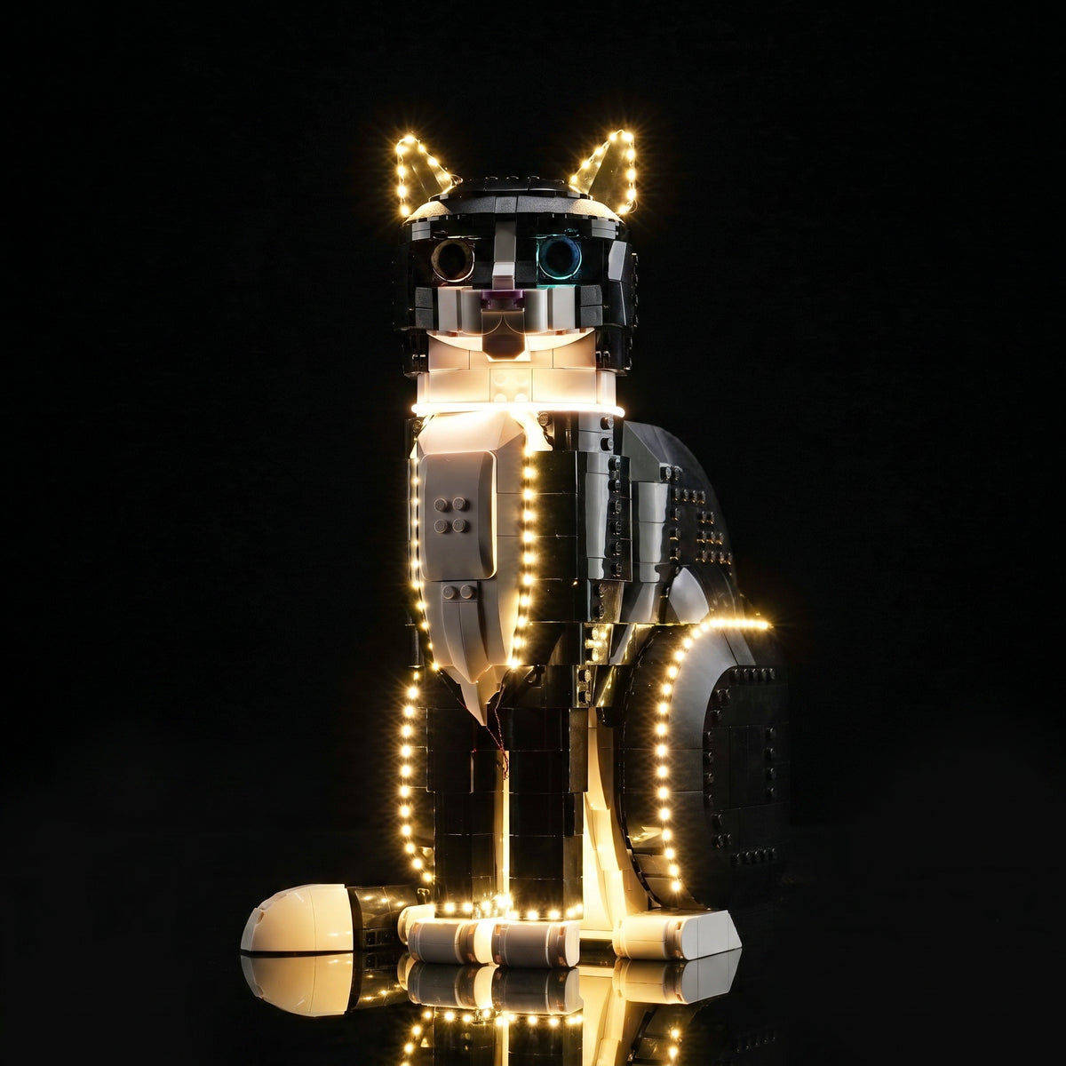 before-and-after lighting: Bright My Bricks custom LED lighting for LEGO® Ideas Tuxedo Cat #21349