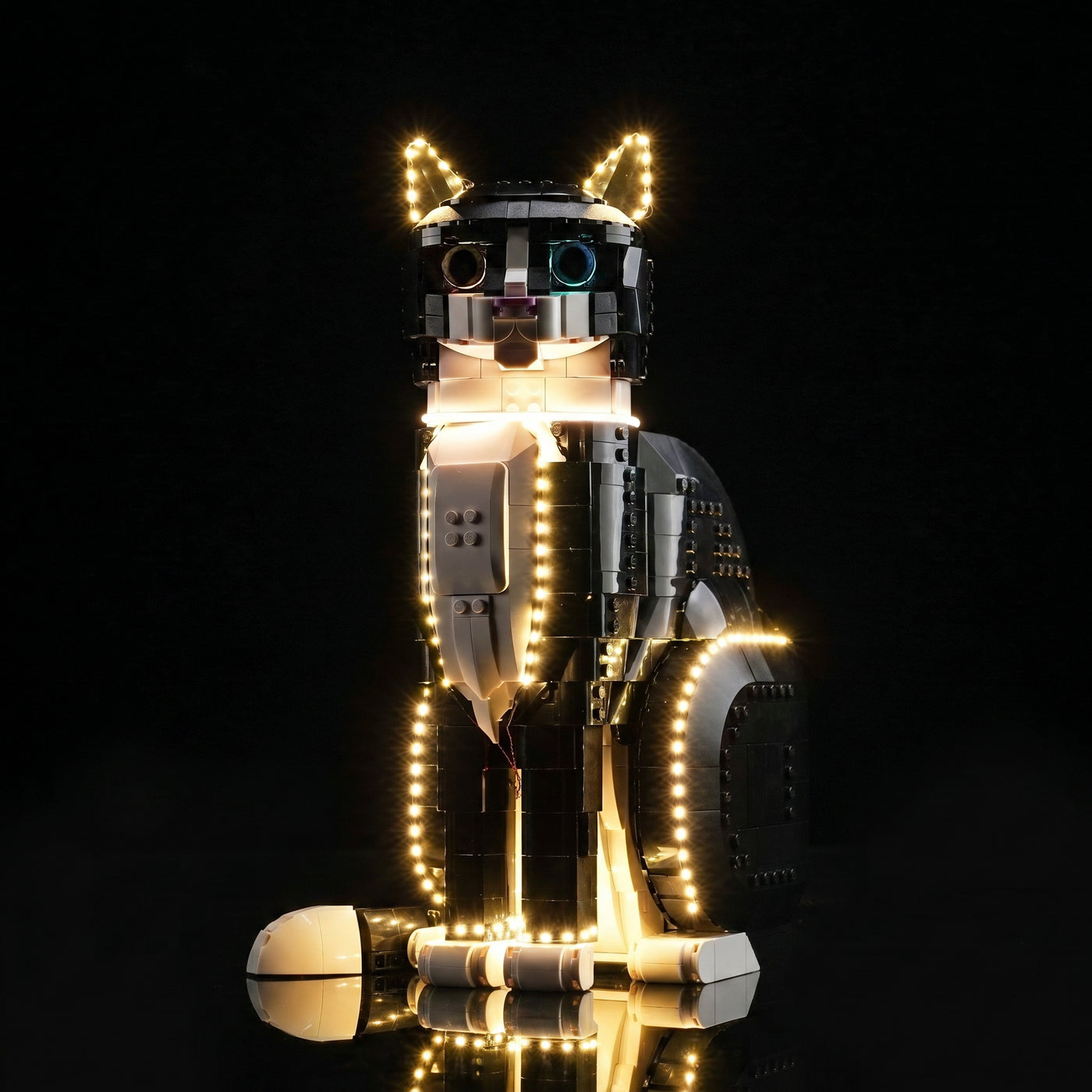 before-and-after lighting: Bright My Bricks custom LED lighting for LEGO® Ideas Tuxedo Cat #21349