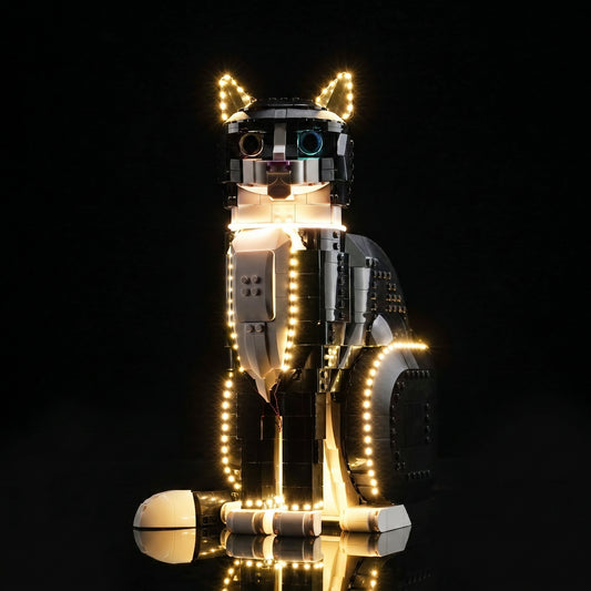 before-and-after lighting: Bright My Bricks custom LED lighting for LEGO® Ideas Tuxedo Cat #21349