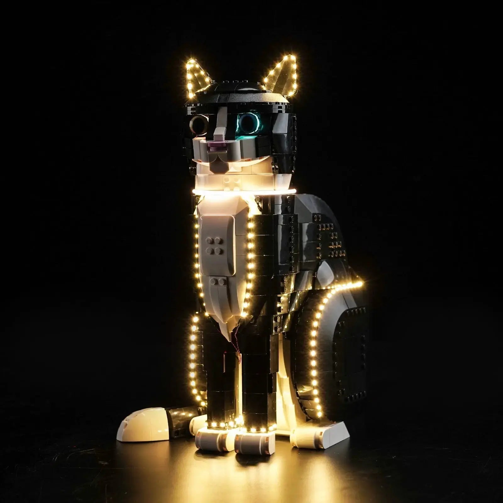 LEGO Ideas Tuxedo Cat #21349 with LED lights installed