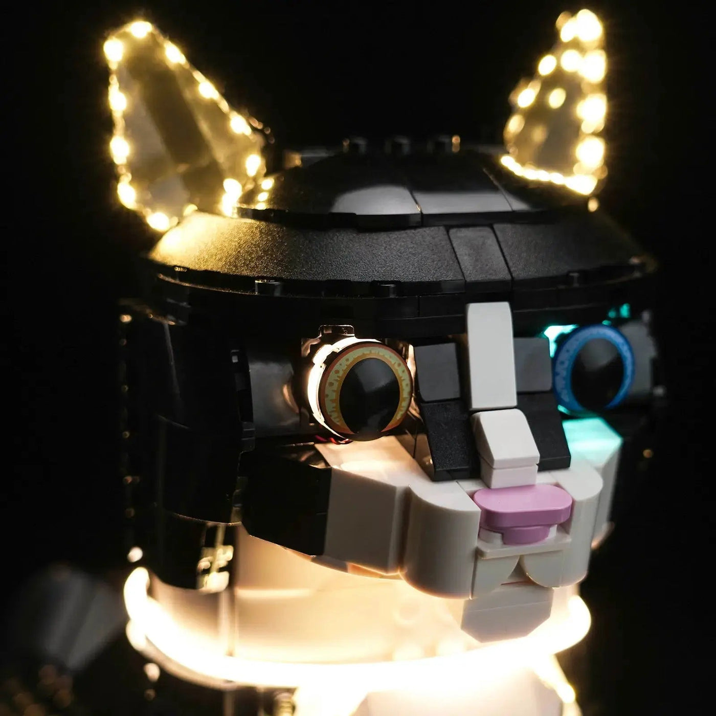 lighting effect on the build: Bright My Bricks custom LED lighting for LEGO® Ideas Tuxedo Cat #21349