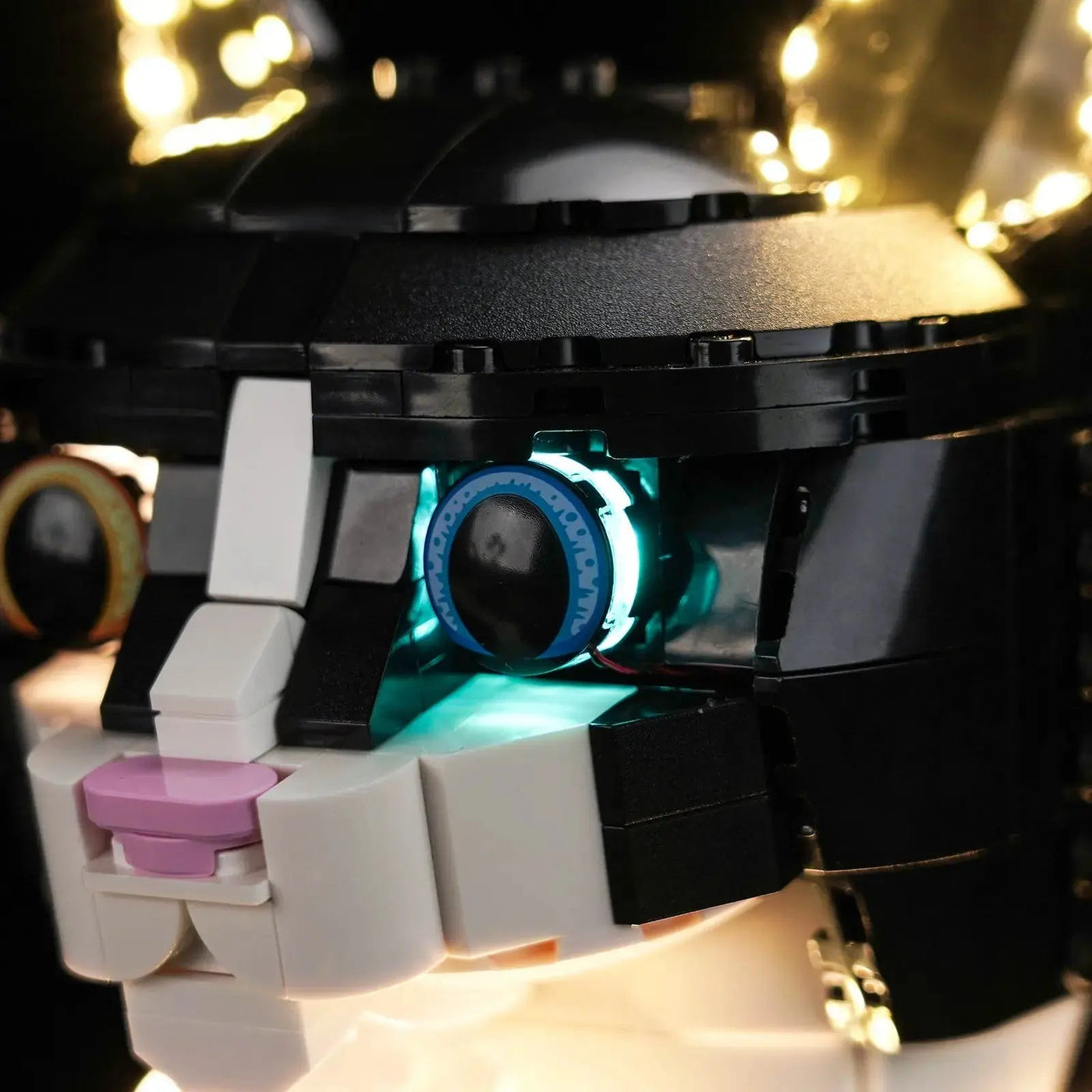 LEGO® Ideas Tuxedo Cat #21349 — front view fully lit (USB-powered LED light kit)