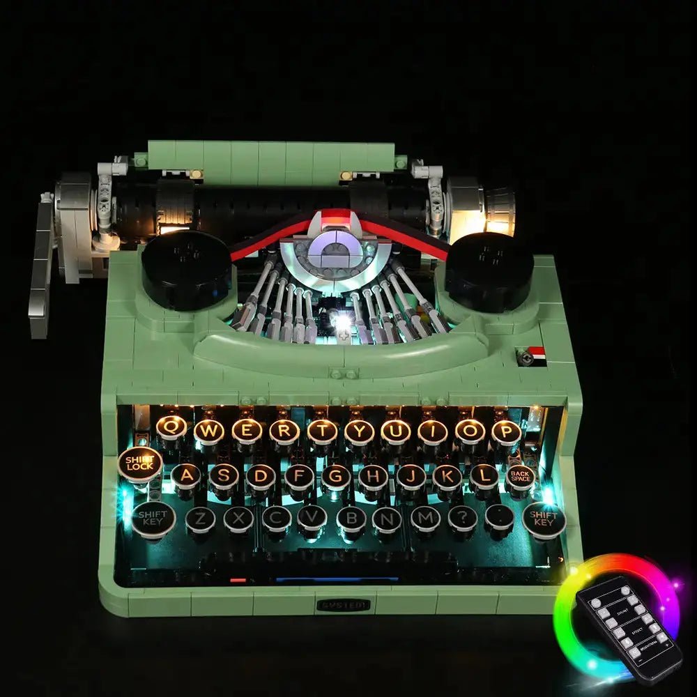 LEGO® Ideas Typewriter #21327 display lighting in a dark room, with the USB-powered LED light kit