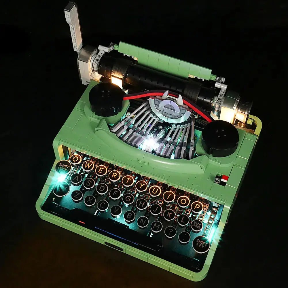 installed and glowing: Bright My Bricks display light kit for LEGO® Ideas Typewriter #21327