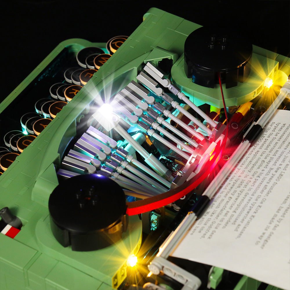 LEGO® Ideas Typewriter #21327 warm LED glow detail, with the LED lighting kit