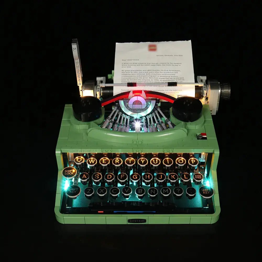 LEGO® Ideas Typewriter #21327 — LED strips and bricks detail (USB-powered LED light kit)