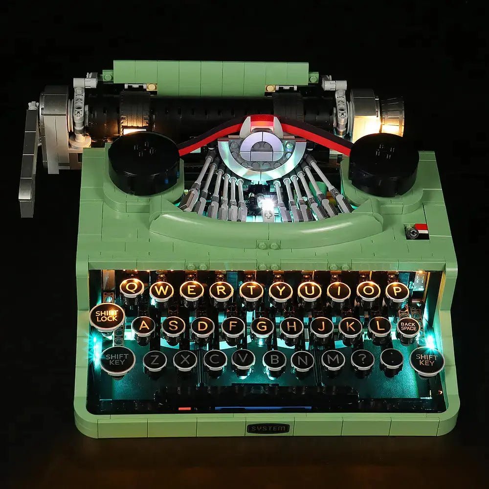 LEGO® Ideas Typewriter #21327 — LED kit powered on (custom LED lighting)
