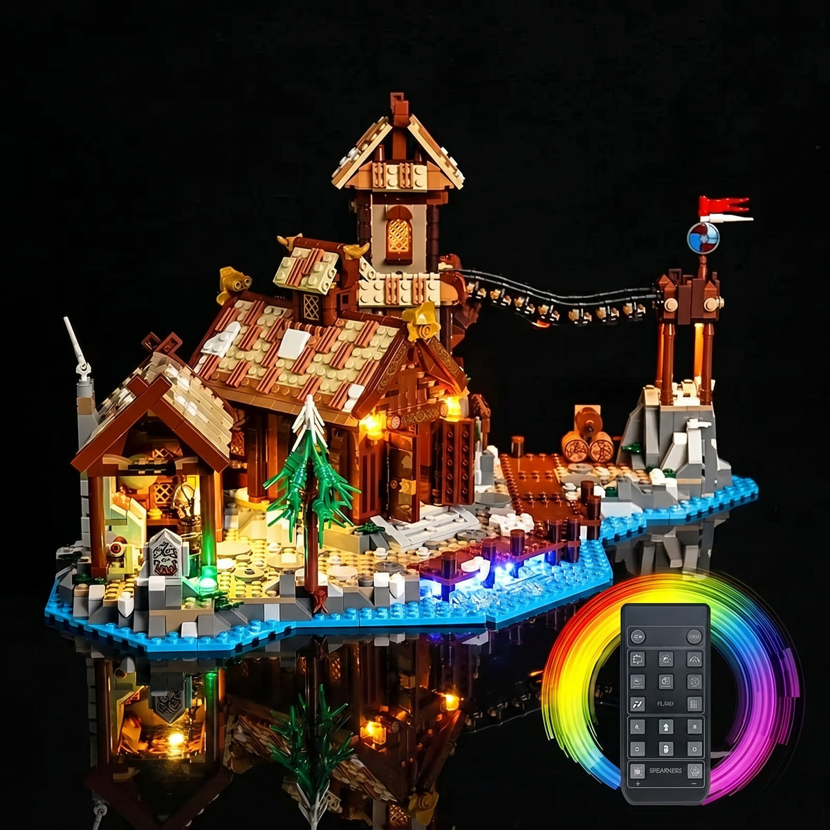 LEGO® Ideas Viking Village #21343 warm LED glow detail, with the LED lights