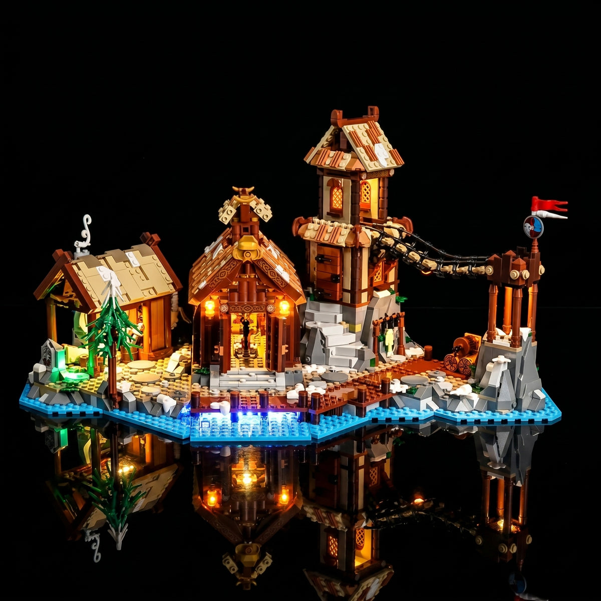 Bright My Bricks LED lighting kit for LEGO® Ideas Viking Village #21343 — before-and-after lighting