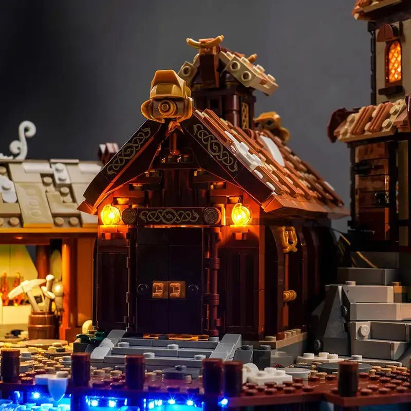 side angle with lights on: Bright My Bricks DIY LED light kit for LEGO® Ideas Viking Village #21343