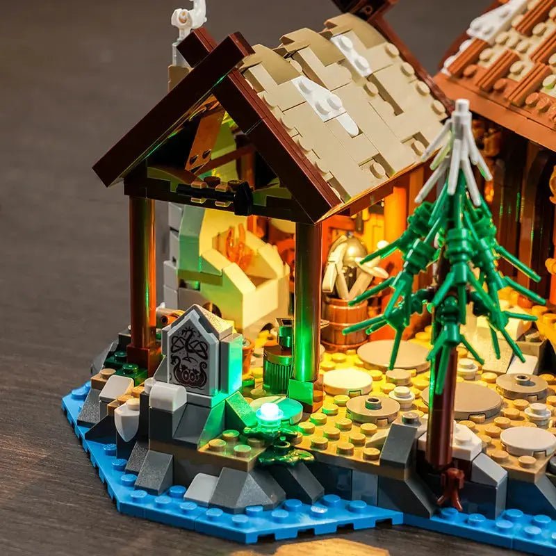 LED light kit for LEGO® Ideas Viking Village #21343, fully illuminated on display
