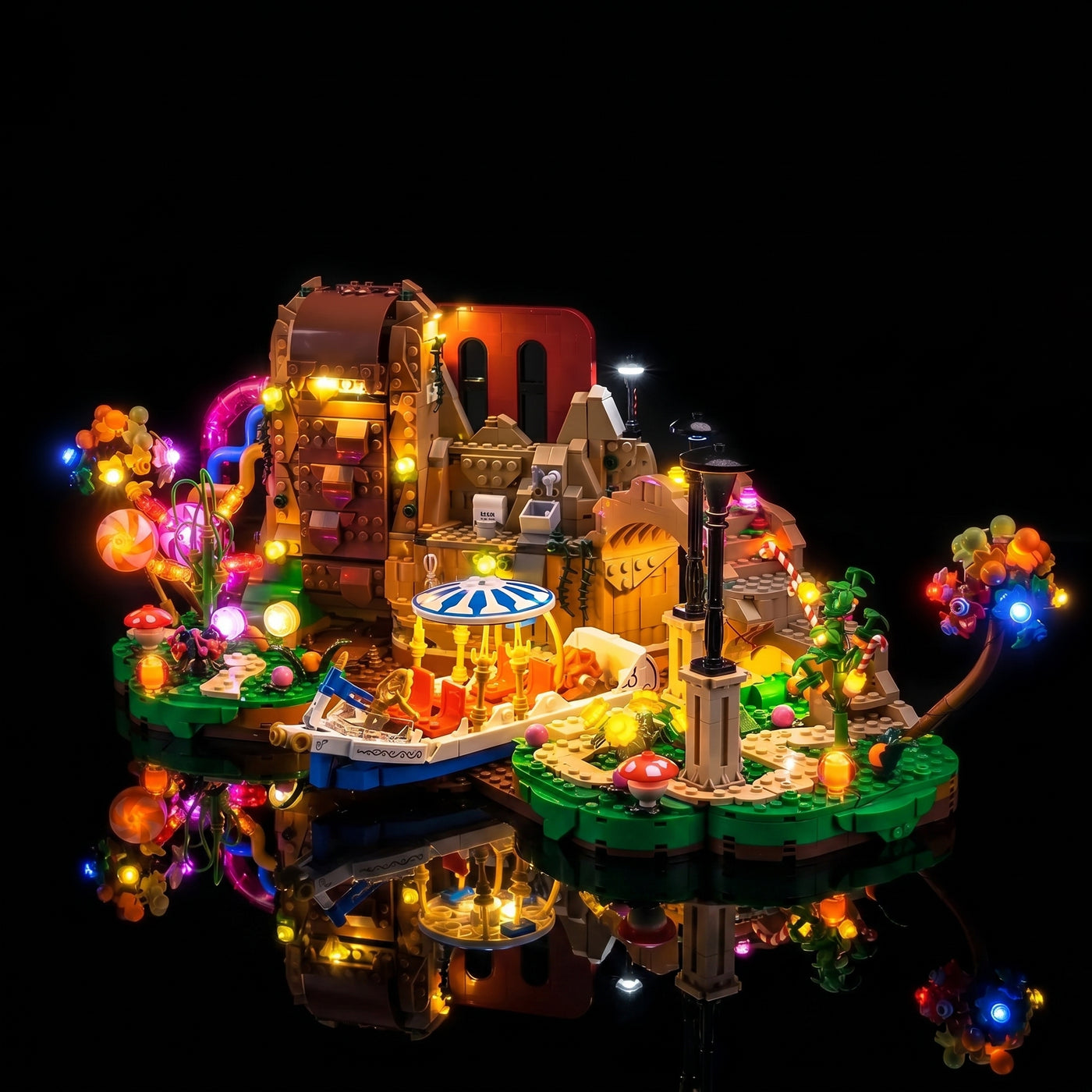 LEGO® Ideas Willy Wonka & the Chocolate Factory #21360 side angle with lights on, with the premium LED light kit