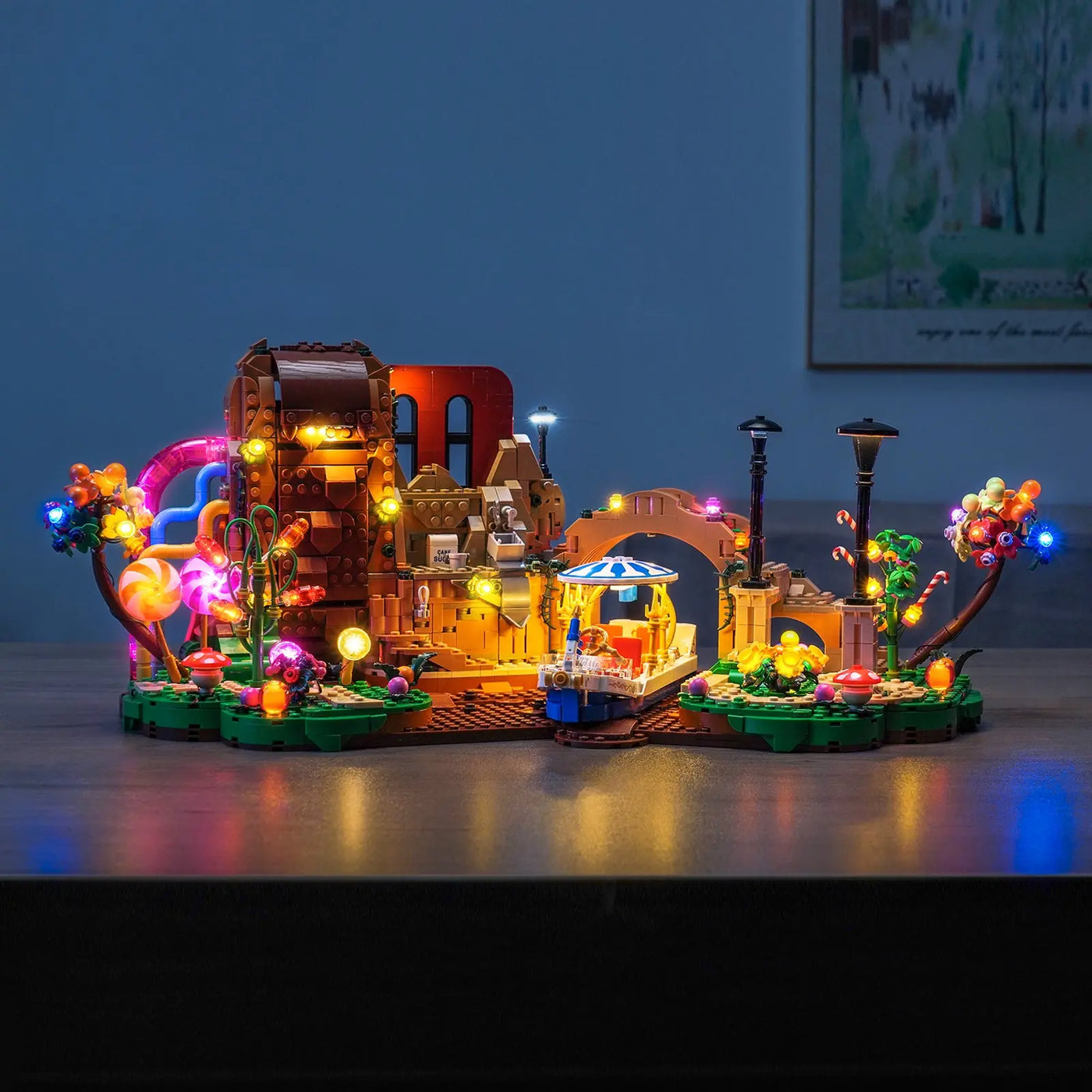 Bright My Bricks DIY LED light kit for LEGO® Ideas Willy Wonka & the Chocolate Factory #21360 — fully illuminated on display