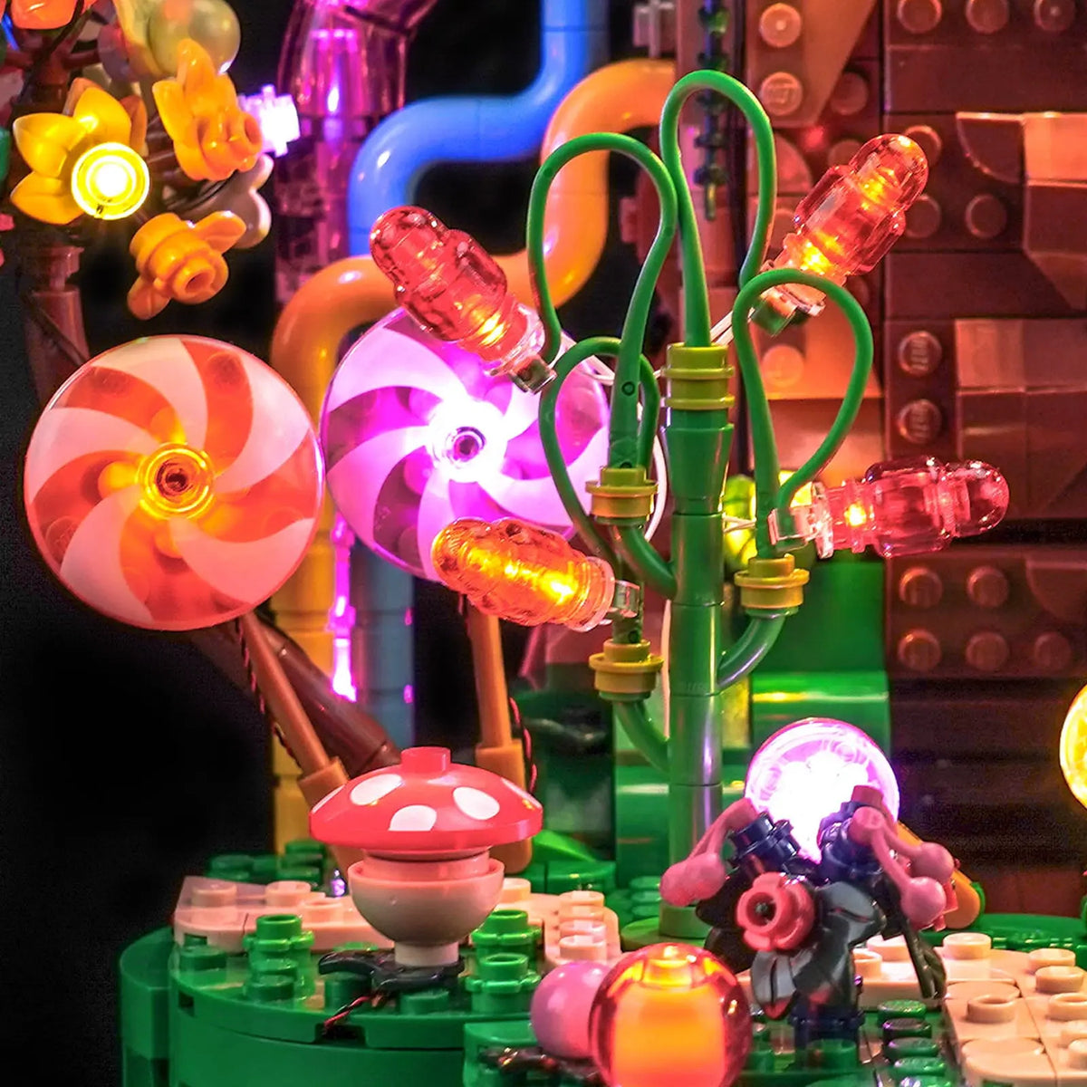 RGB LED light kit for LEGO® Ideas Willy Wonka & the Chocolate Factory #21360, showcase lighting view