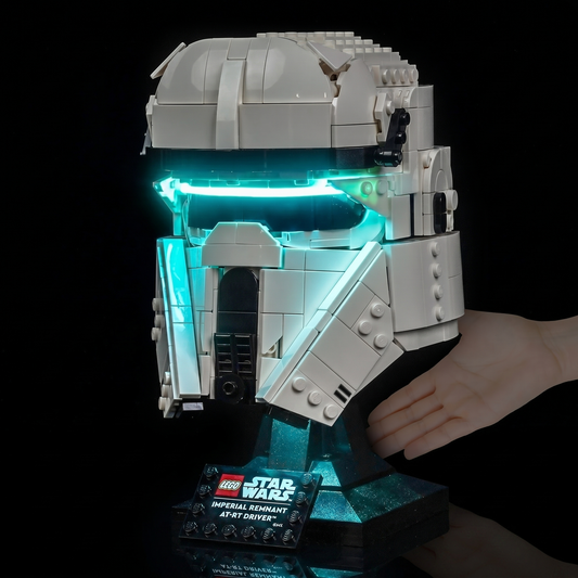 LEGO® Imperial Remnant AT-RT Driver Helmet #75458 night-mode display glow, with the USB-powered LED light kit