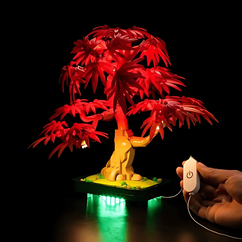 LEGO® Japanese Red Maple Bonsai Tree #10348 warm LED glow detail, with the LED light kit
