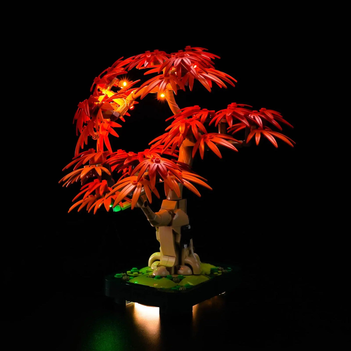 LEGO® Japanese Red Maple Bonsai Tree #10348 night-mode display glow, with the display light kit