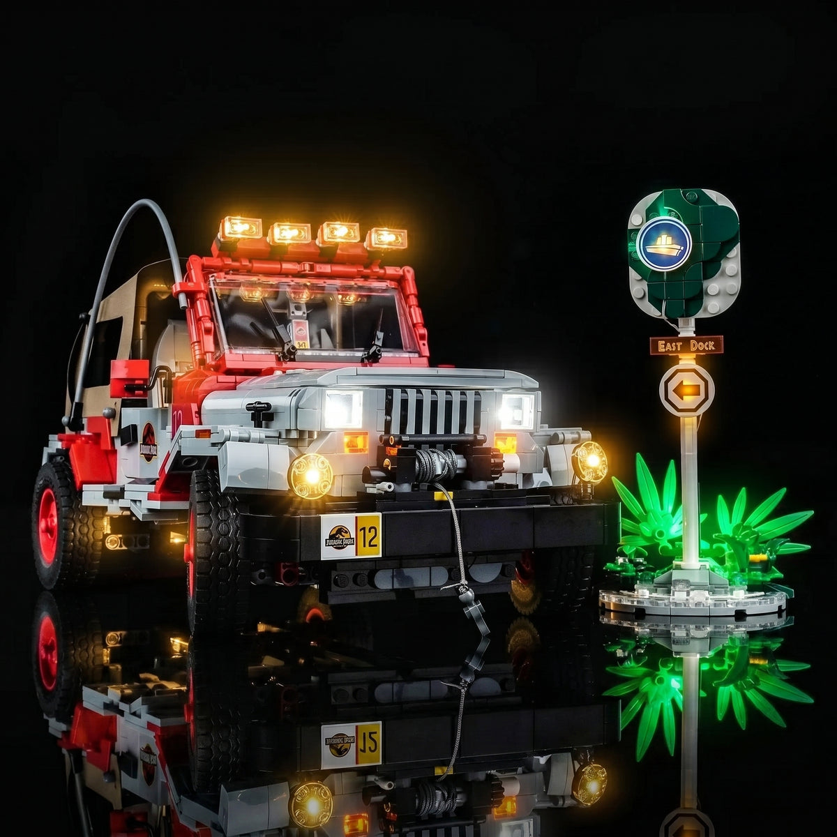 before-and-after lighting: Bright My Bricks DIY LED light kit for LEGO® Jurassic Park Jeep Wrangler #77984
