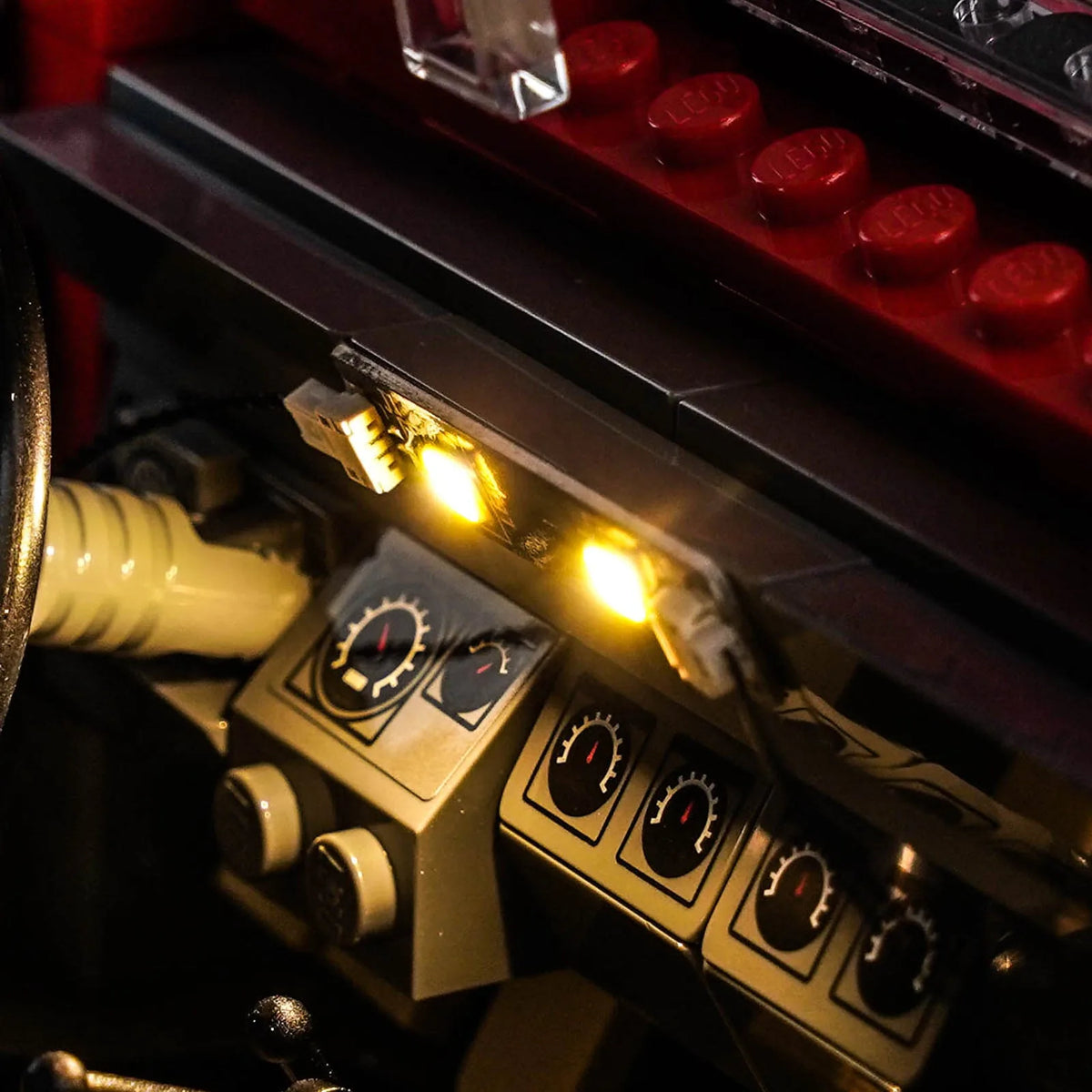 RGB LED light kit for LEGO® Jurassic Park Jeep Wrangler #77984, fully illuminated on display