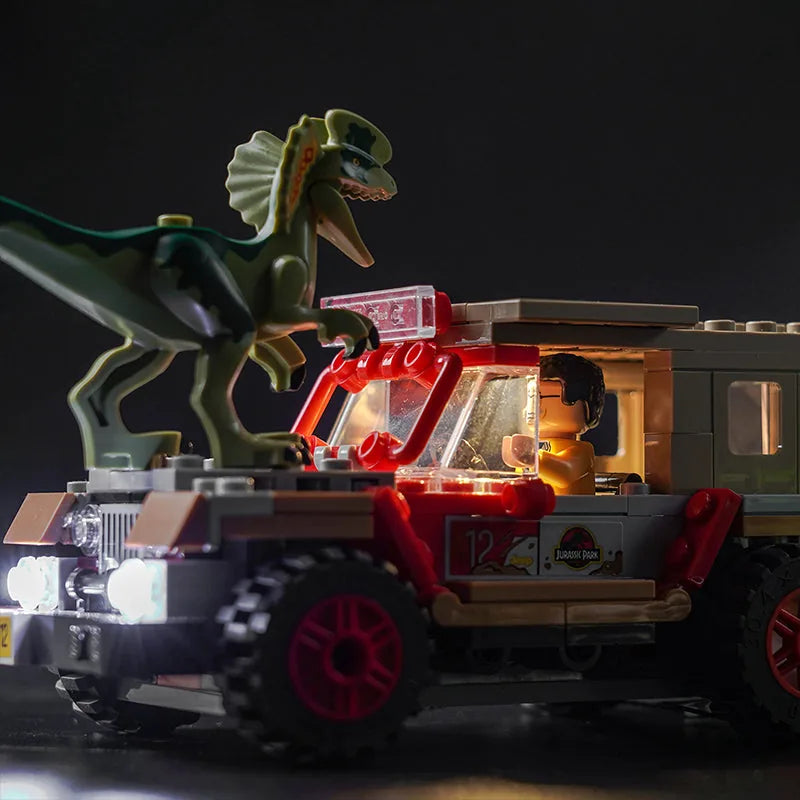 LEGO® Jurassic World Dilophosaurus Ambush #76958 before-and-after lighting, with the RGB LED light kit