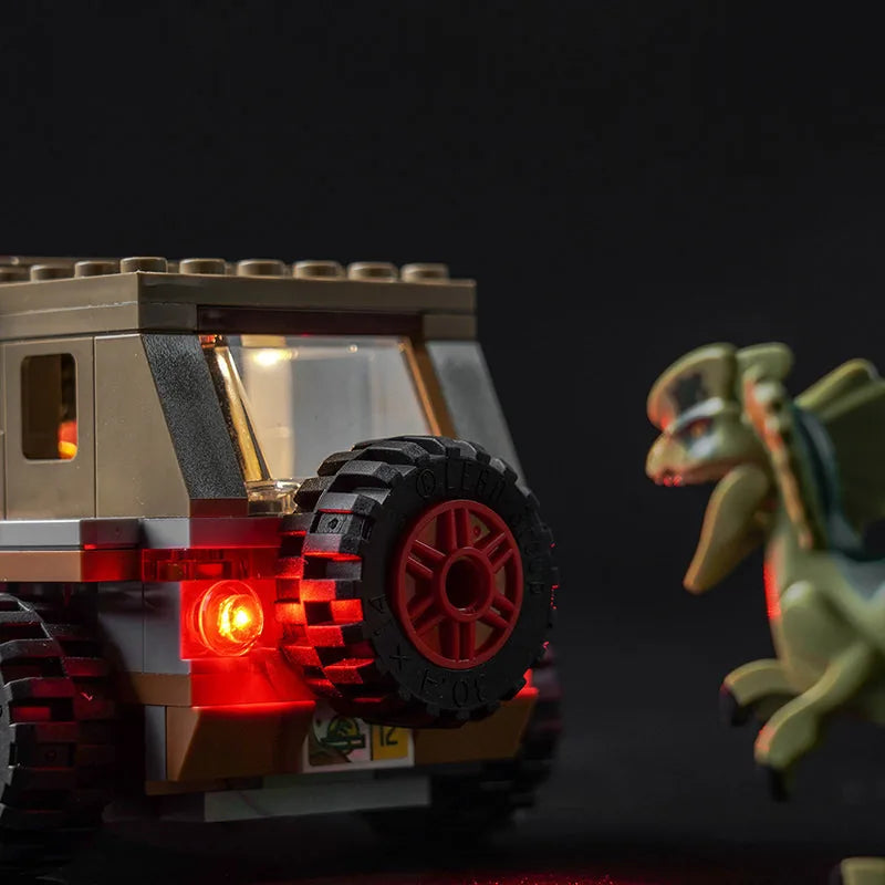 LEGO® Jurassic World Dilophosaurus Ambush #76958 brightened interior detail, with the premium LED light kit