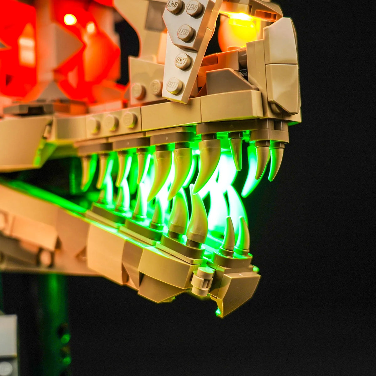 installed and glowing: Bright My Bricks display light kit for LEGO® Jurassic World Dinosaur Fossils: T. rex Skull #76964