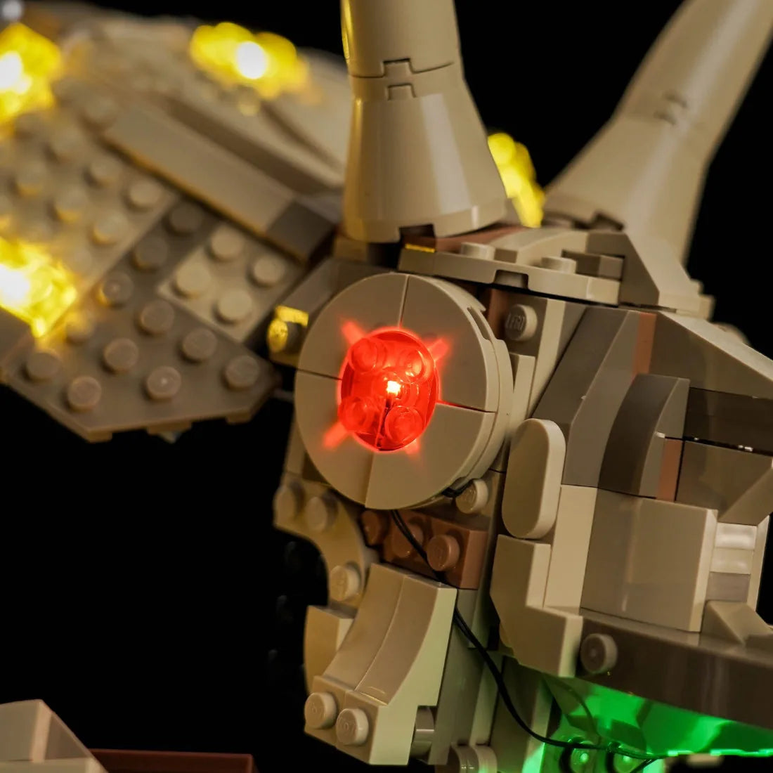 LED lighting kit for LEGO® Jurassic World Dinosaur Fossils: Triceratops Skull #76969, close-up of the LED lighting detail