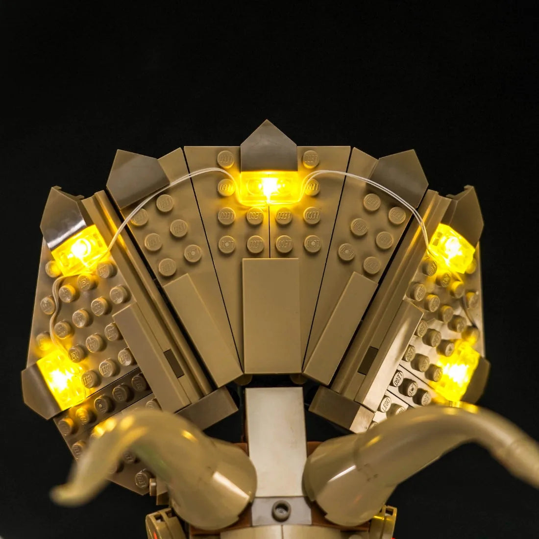 RGB LED light kit for LEGO® Jurassic World Dinosaur Fossils: Triceratops Skull #76969, illuminated at night