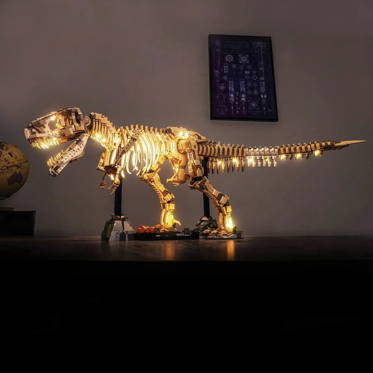 LED kit powered on: Bright My Bricks LED light kit for LEGO® Jurassic World Dinosaur Fossils: Tyrannosaurus rex #76968